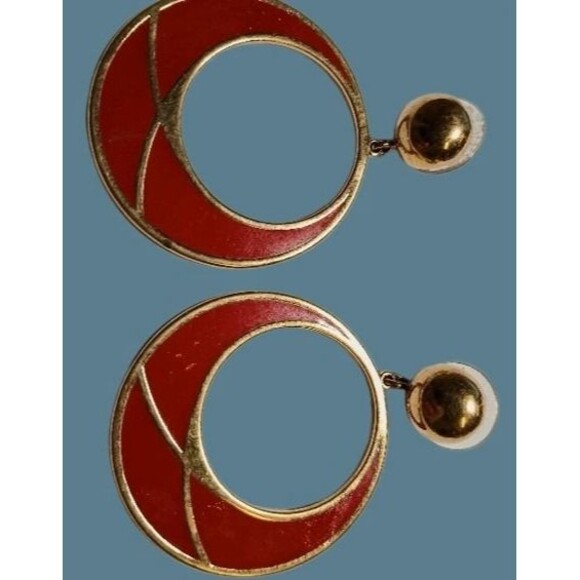 Vintage Monet Gold Tone and Red Enamel Pierced Dangle Drop Earrings - Picture 1 of 6